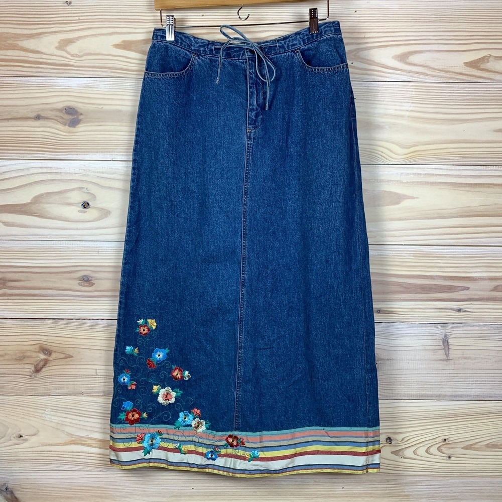 Vtg 90s August Max 1 Maxi Denim Skirt Embroidered Flowers Cottage Modest